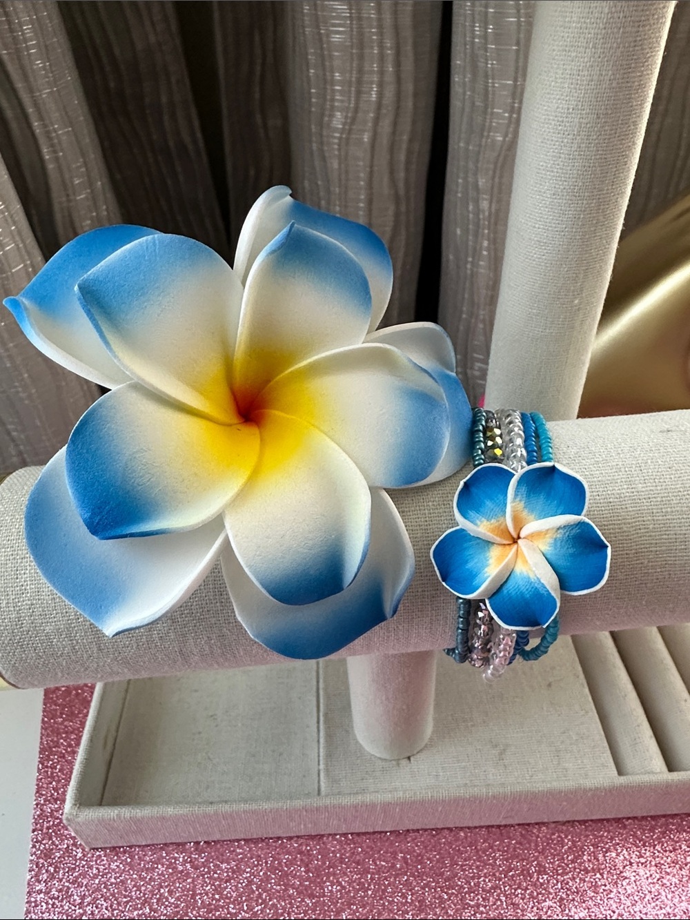 From Hawaii Blue Yellow White Plumeria Flower Bracelet Set